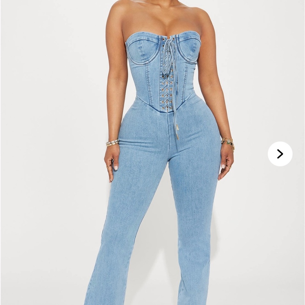 Fashion Nova Denim Lace-Up Jumpsuit